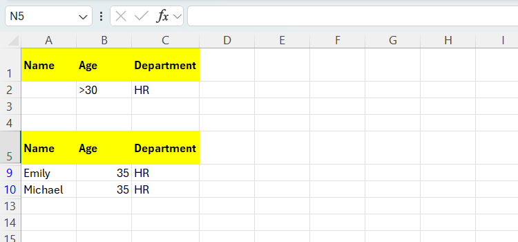 The data range showing ages, names, and departments of employees filtered using an advanced filter in Excel.