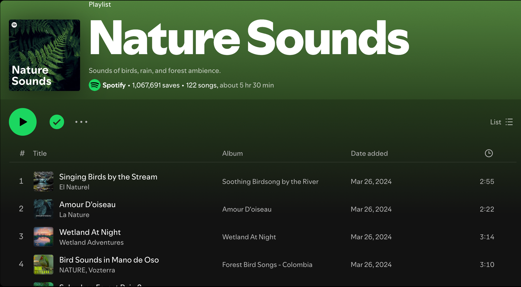 لیست پخش Nature Sounds در Spotify