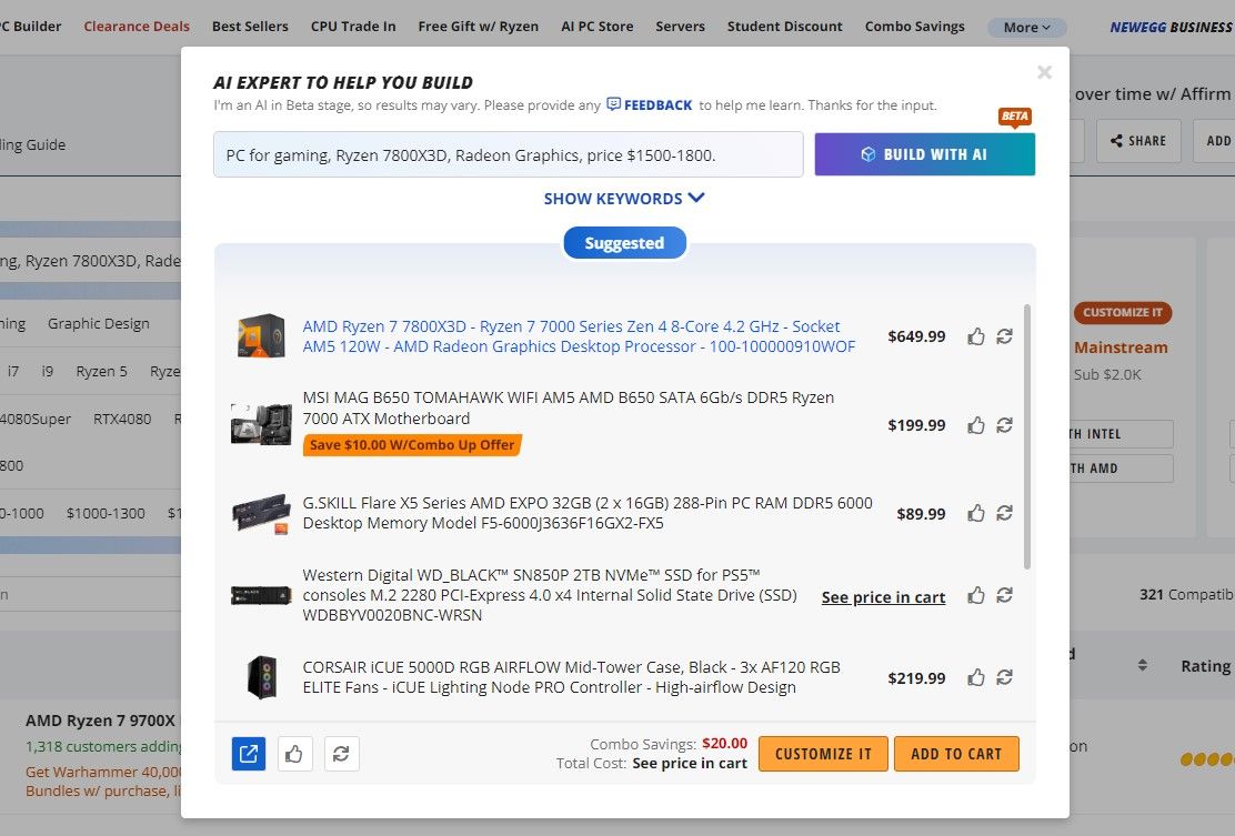 Newegg AI PC builder results