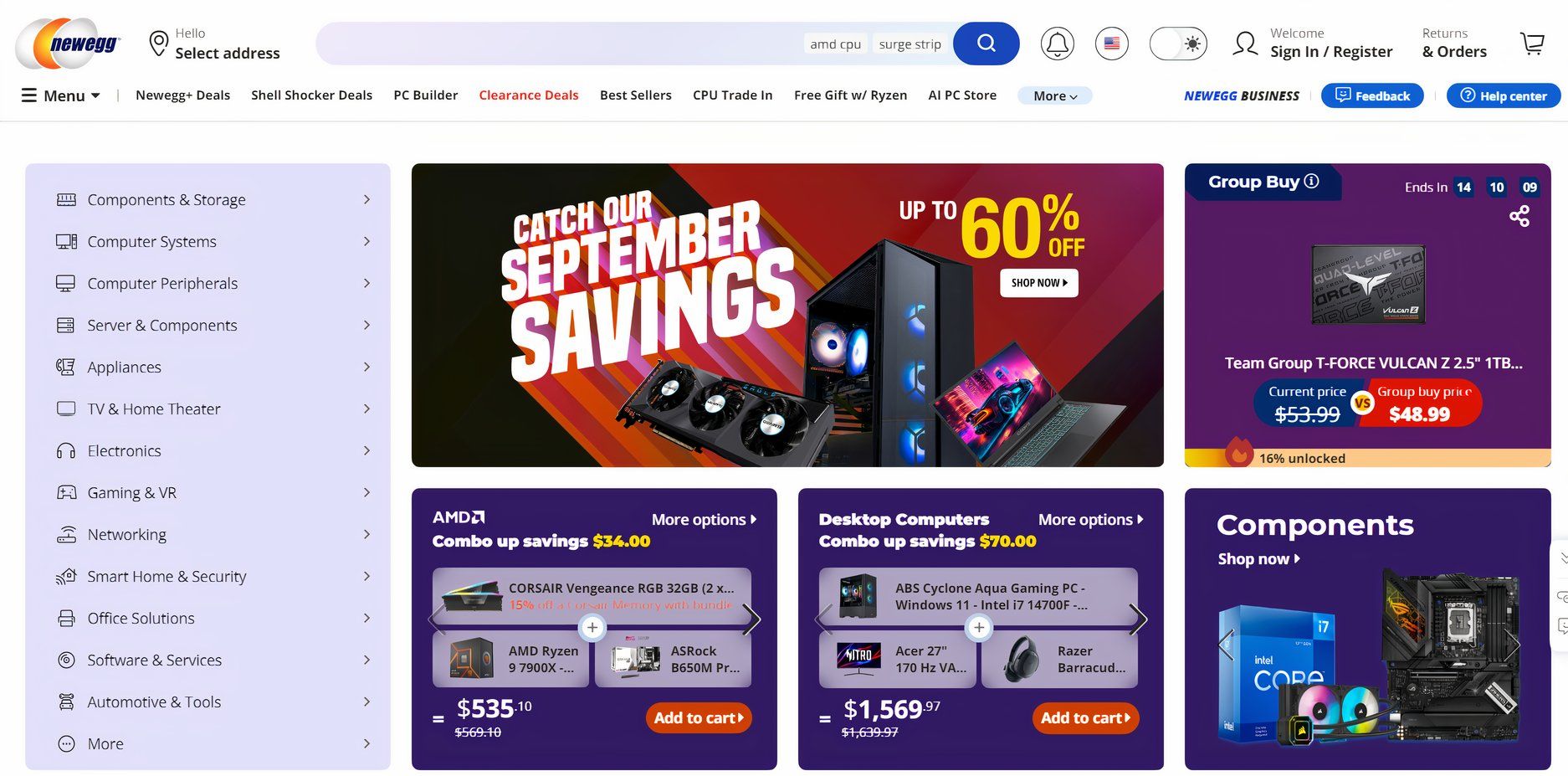 The newegg homepage showing navigation and sales.