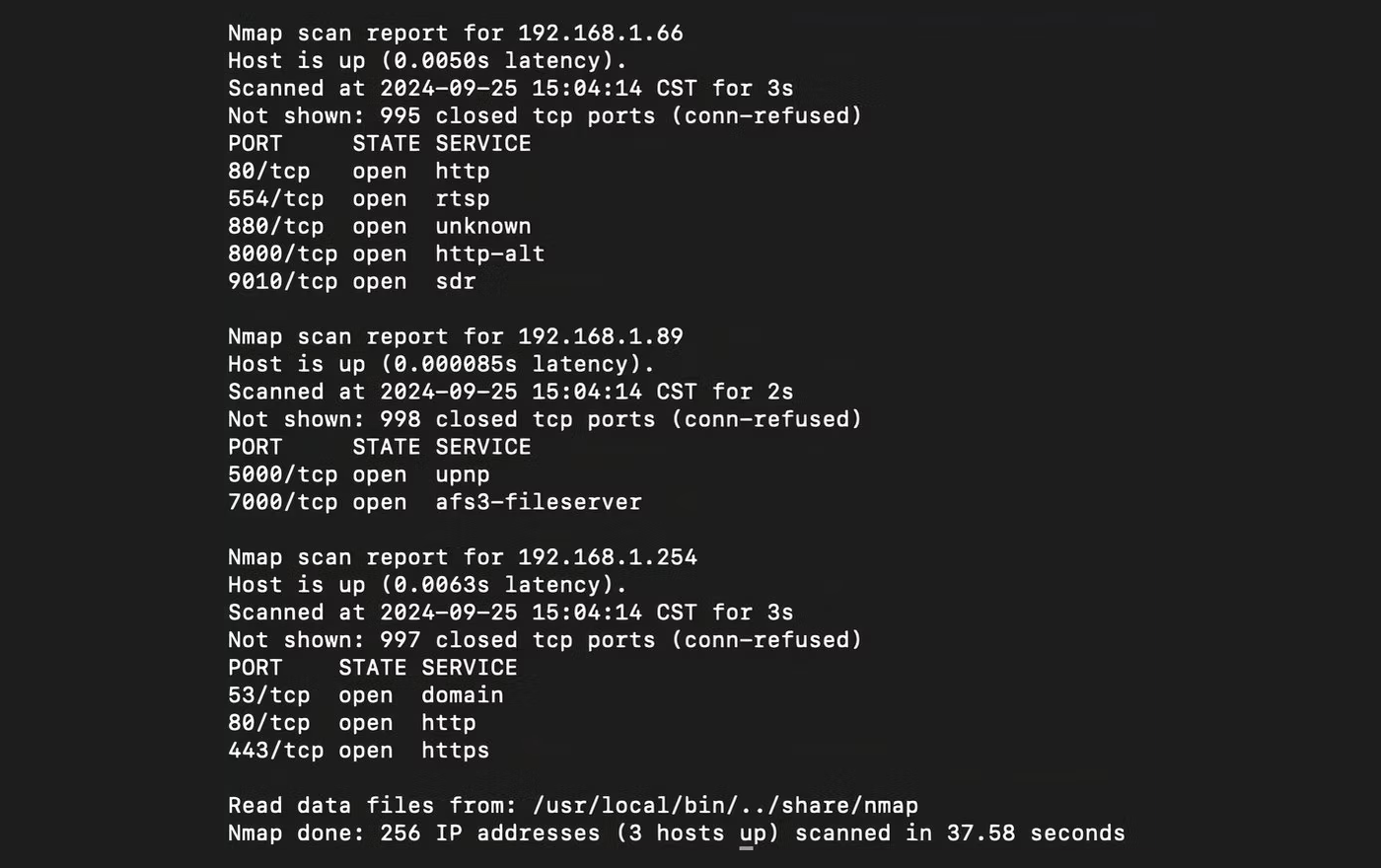 اسکن nmap آدرس های IP را نشان می دهد