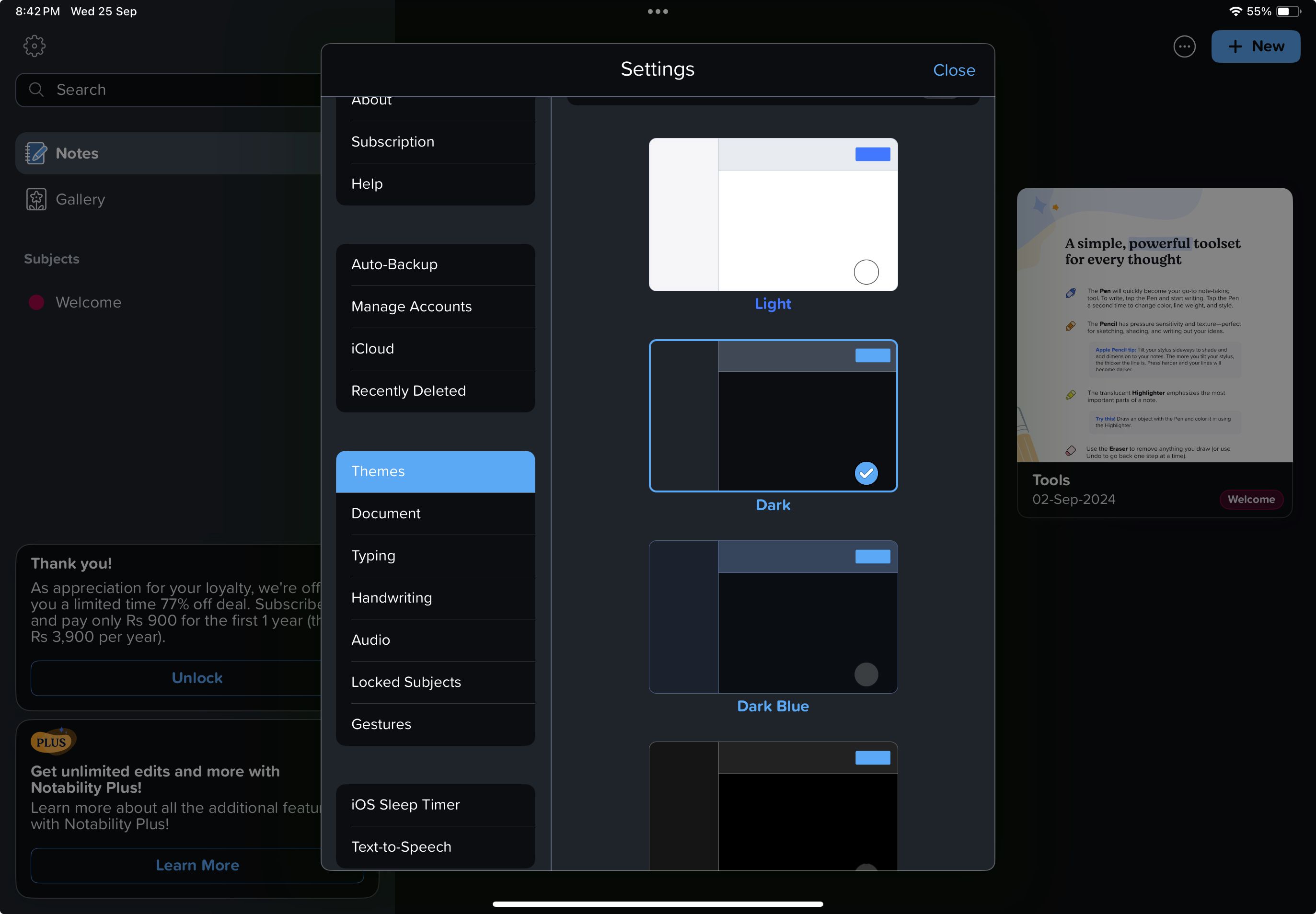 Notability's Dark Mode option