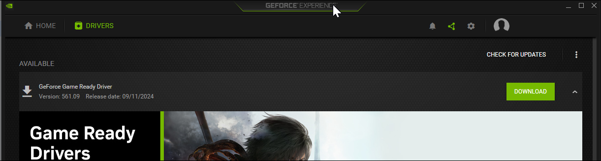 Nvidia GeForce Experience app with the Drivers tab open on Windows 11