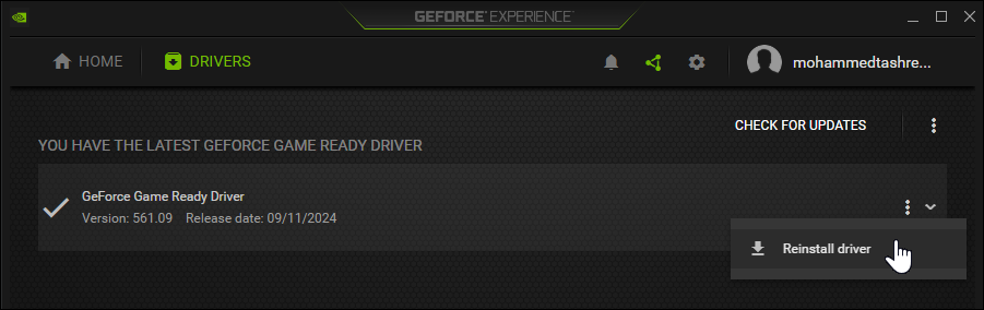 Nvidia GeForce Experience app with the Reinstall driver option in Windows 11