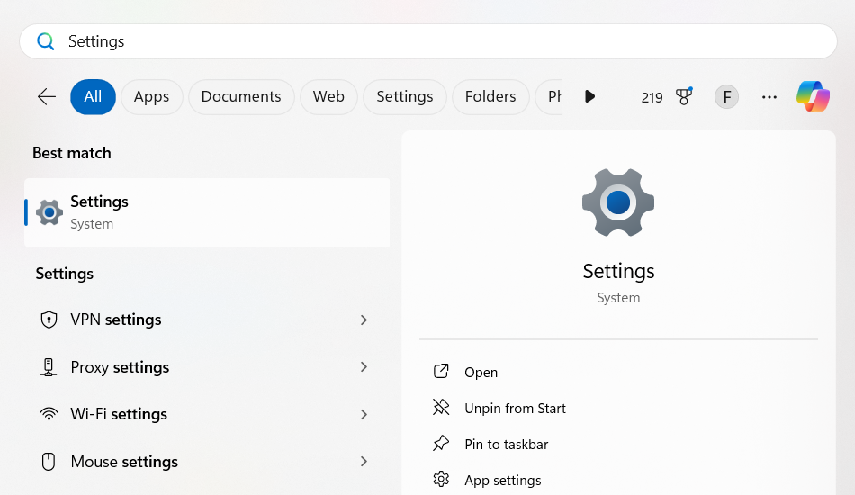 Opening the Settings app using Windows Search