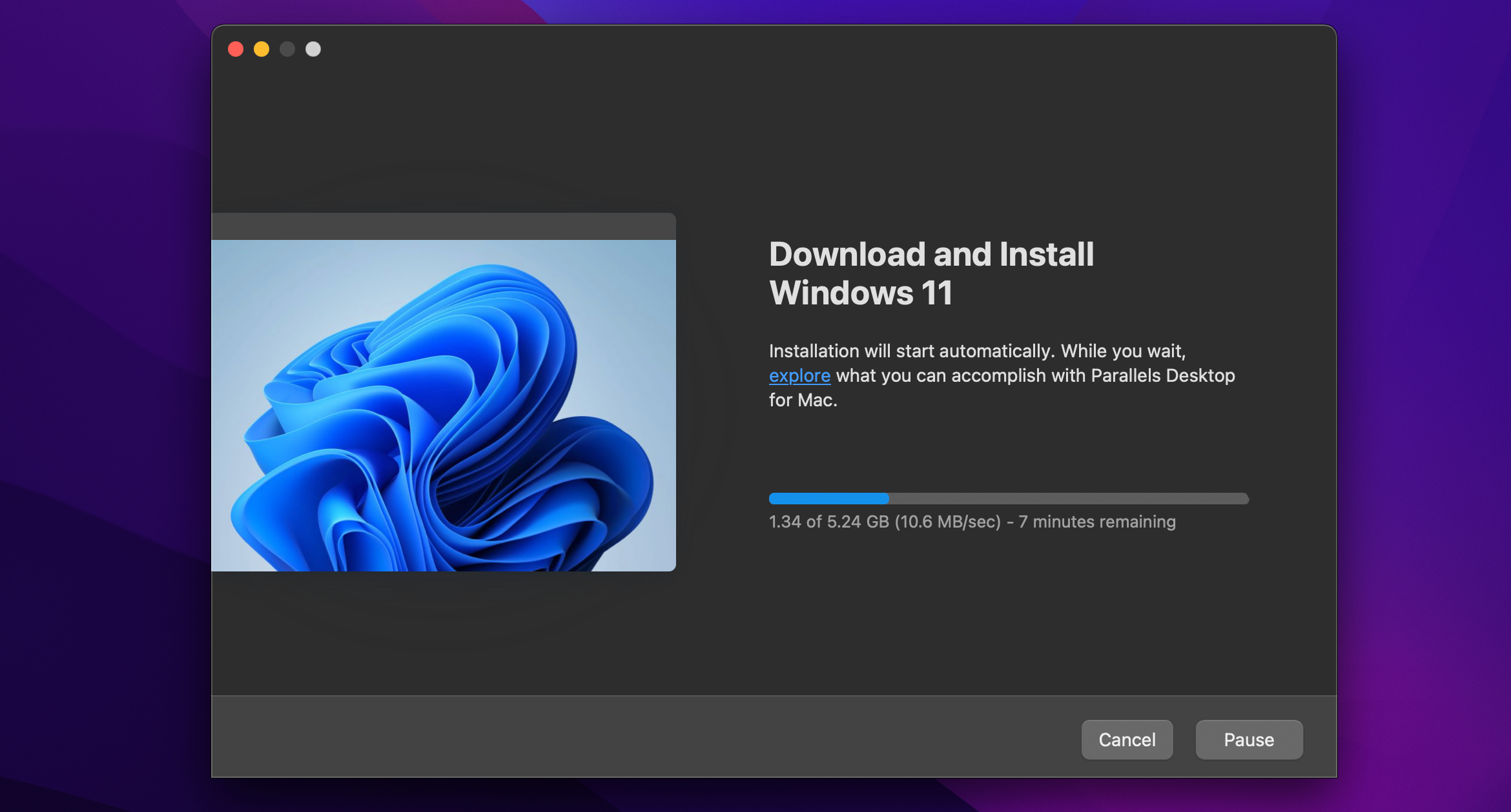 Parallels Desktop downloading and installing Windows 11 on Mac