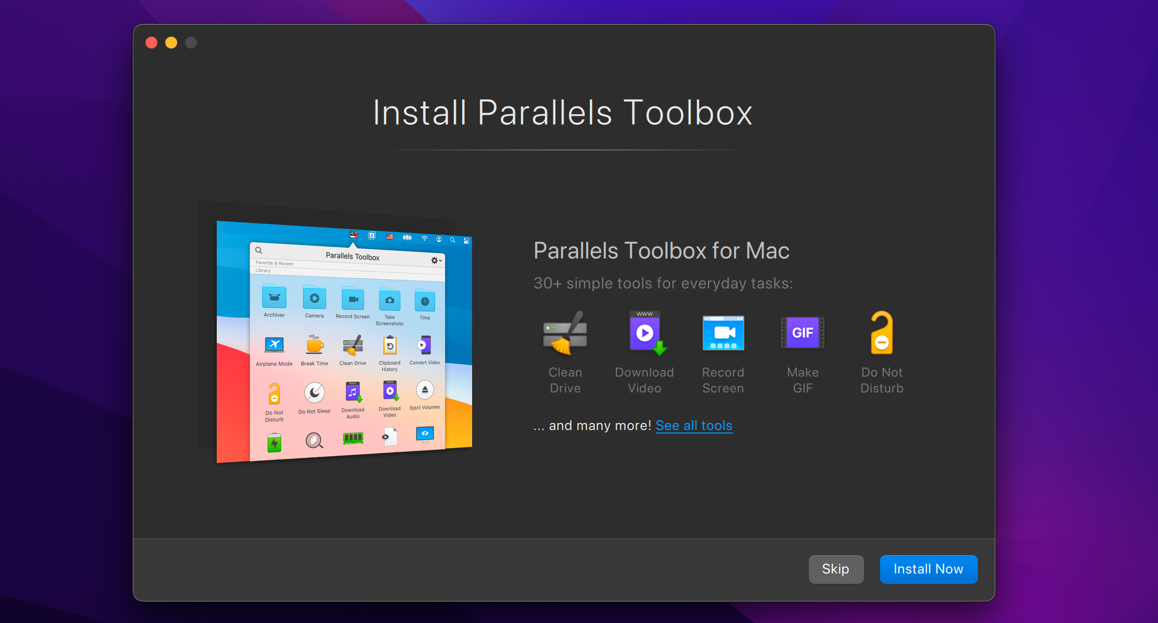 صفحه نصب Parallels Desktop Toolbox for Mac