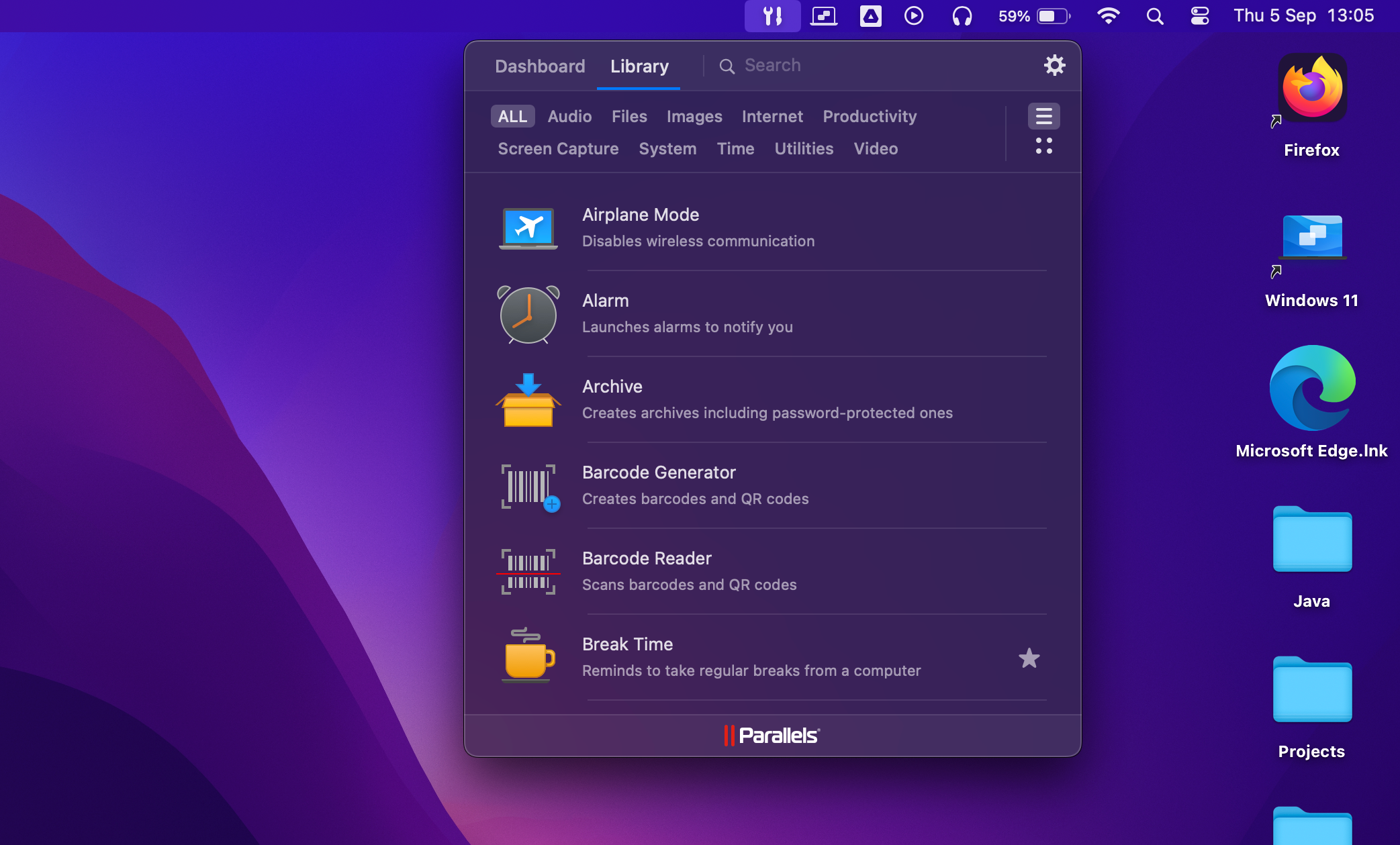 Parallels Desktop Toolbox menu