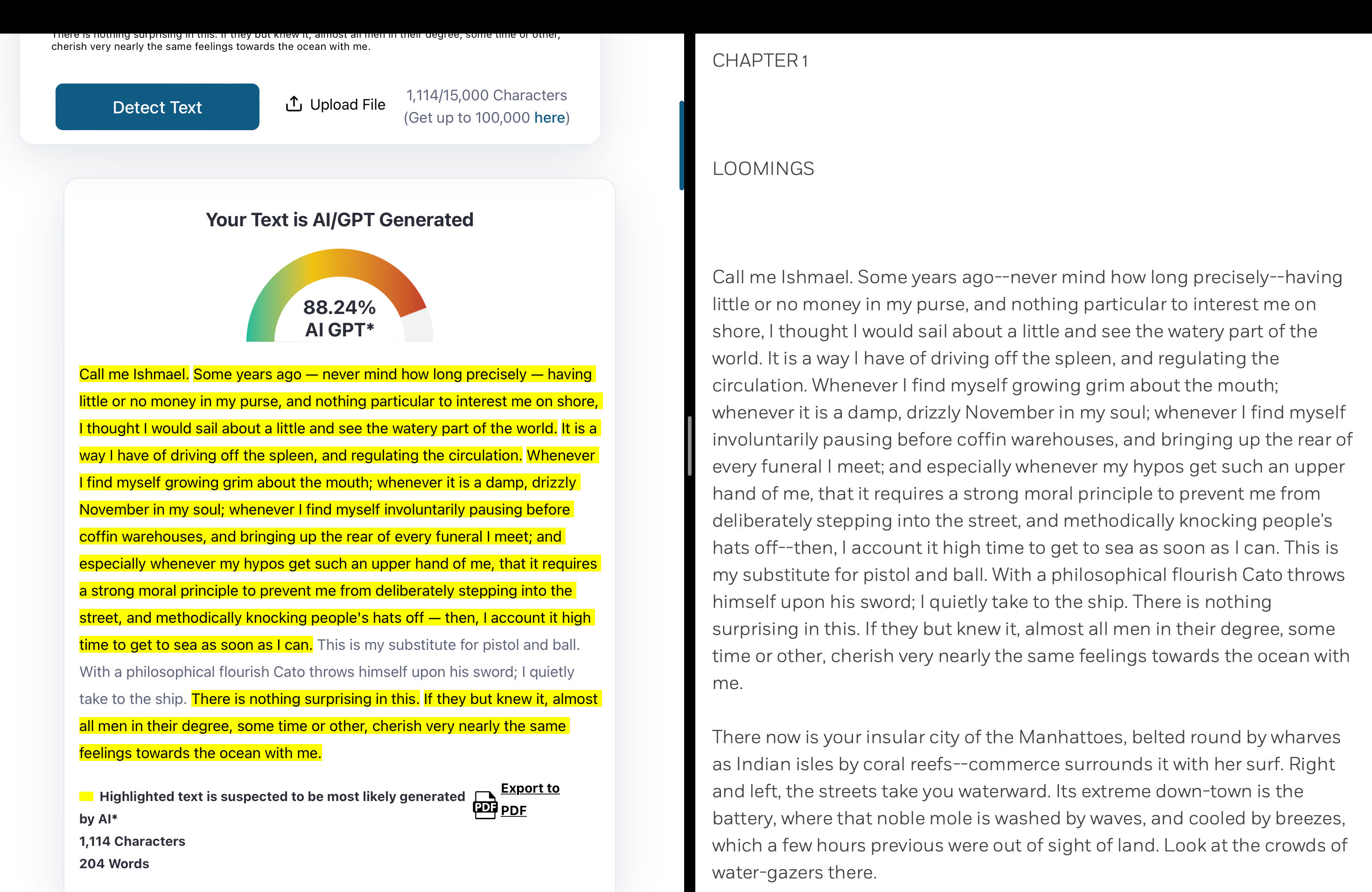 Passing an excerpt from Moby Dick through an AI detector