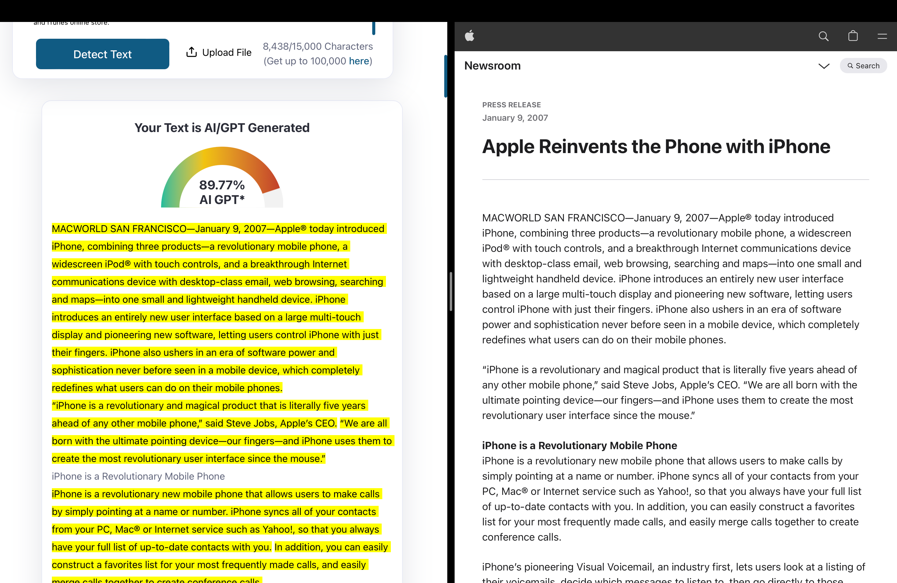 Passing Apple's first iPhone press release through an AI detector