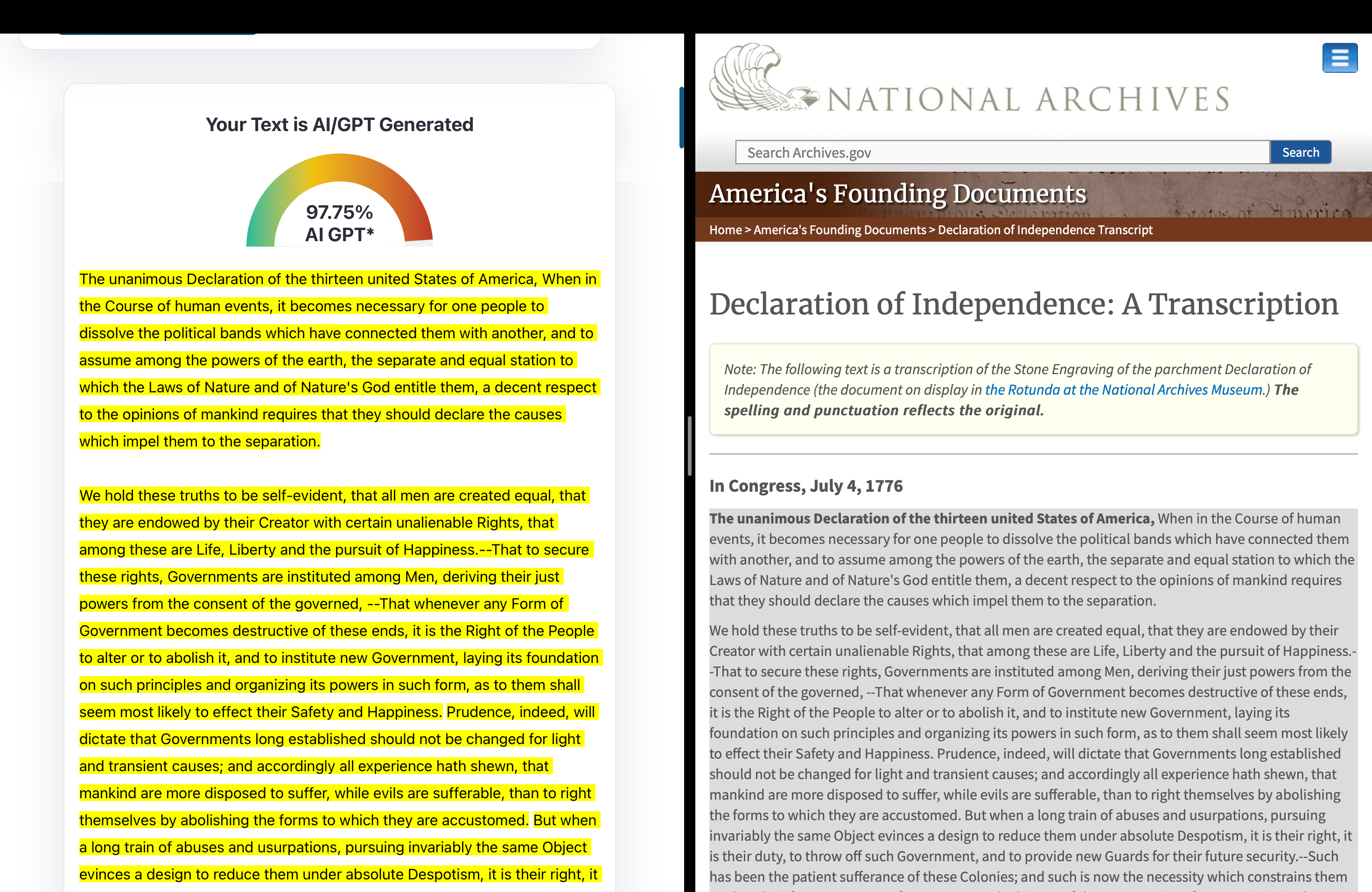 Passing the Declaration of Independence through an AI content detector