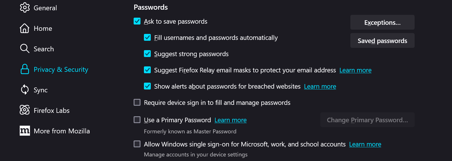 Password settings in the Firefox Settings Page on a PC