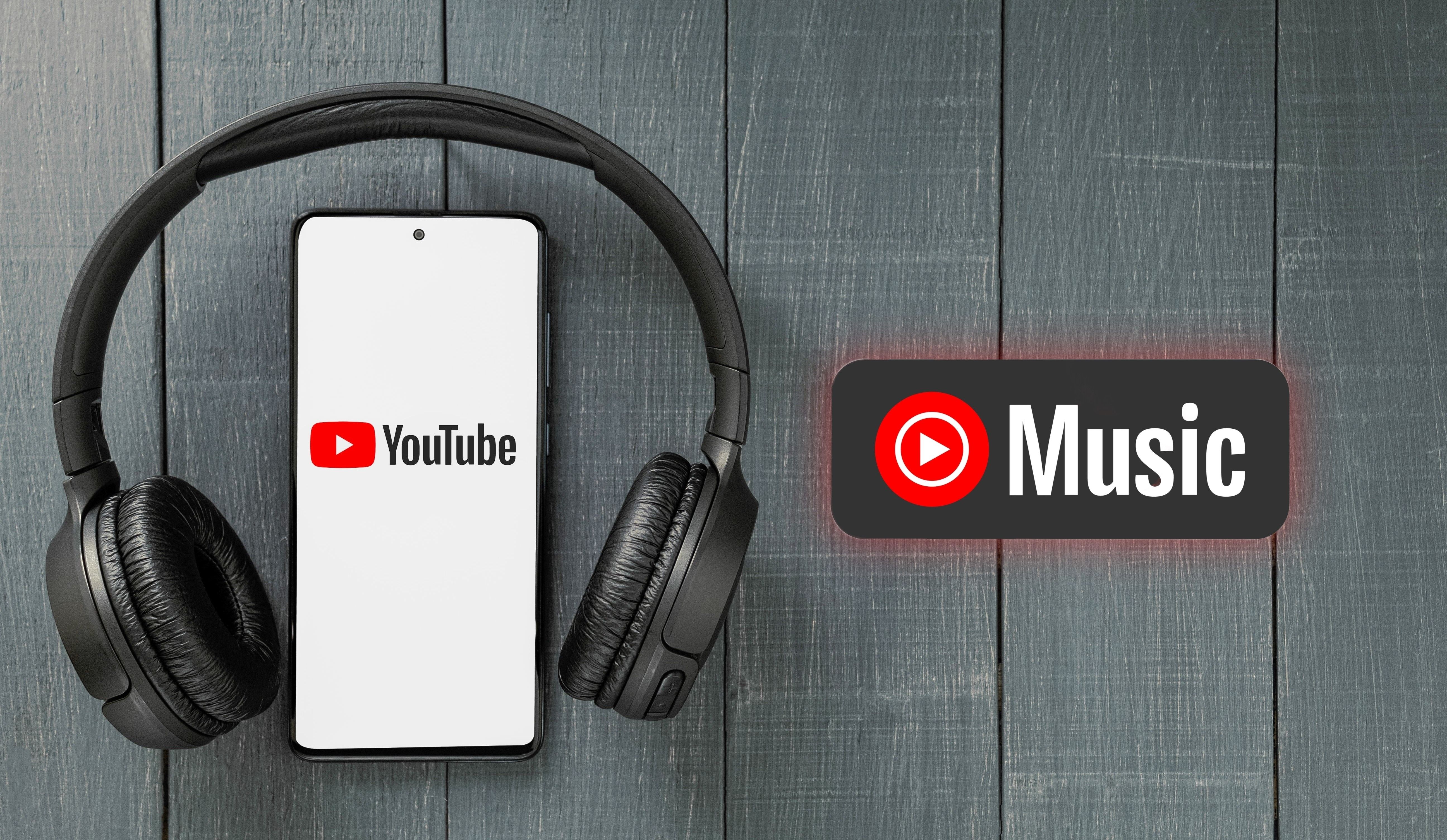 Phone with YouTube logo and headphones, with YouTube Music logo overlayed