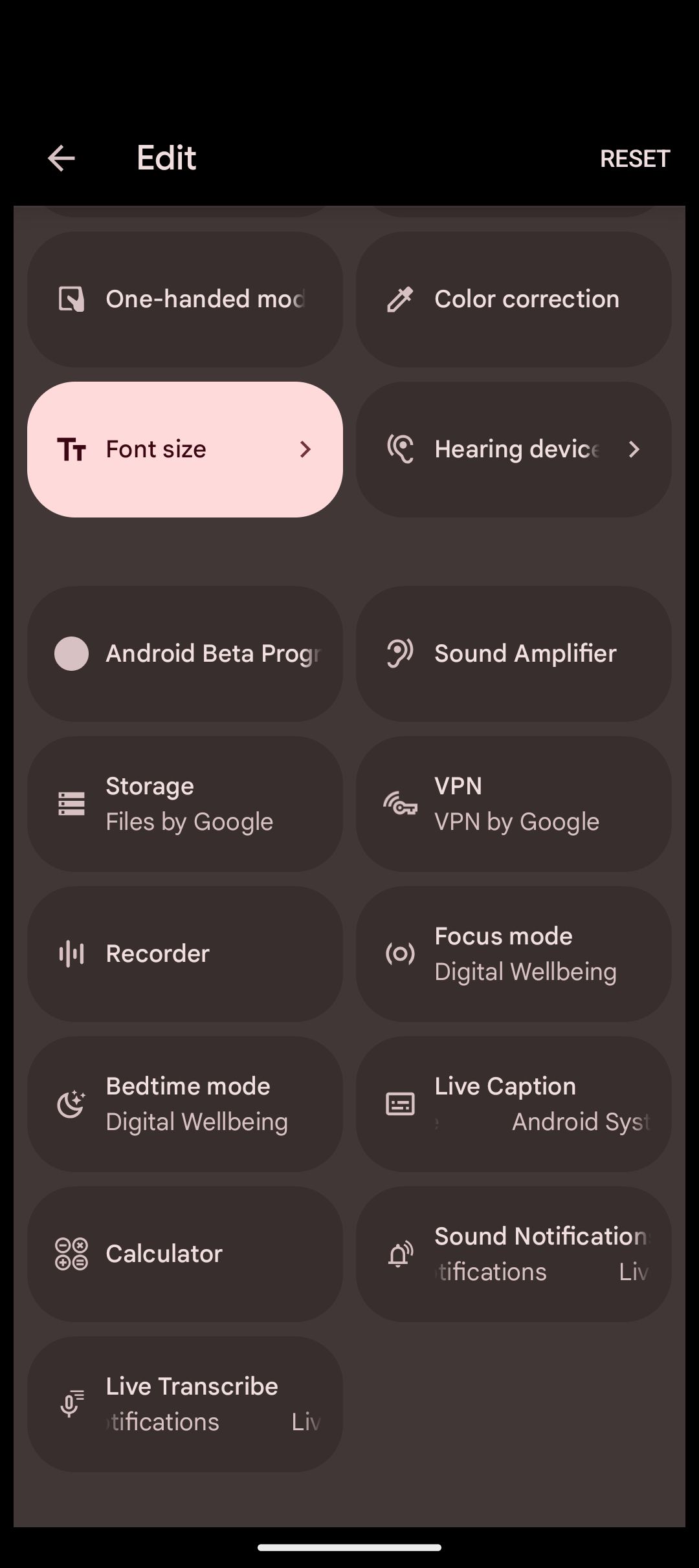 the editing screen of Quick Settings on Google Pixel