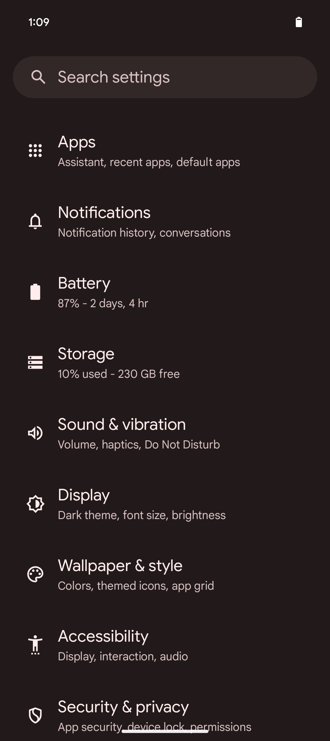 Main Settings page in Google Pixel