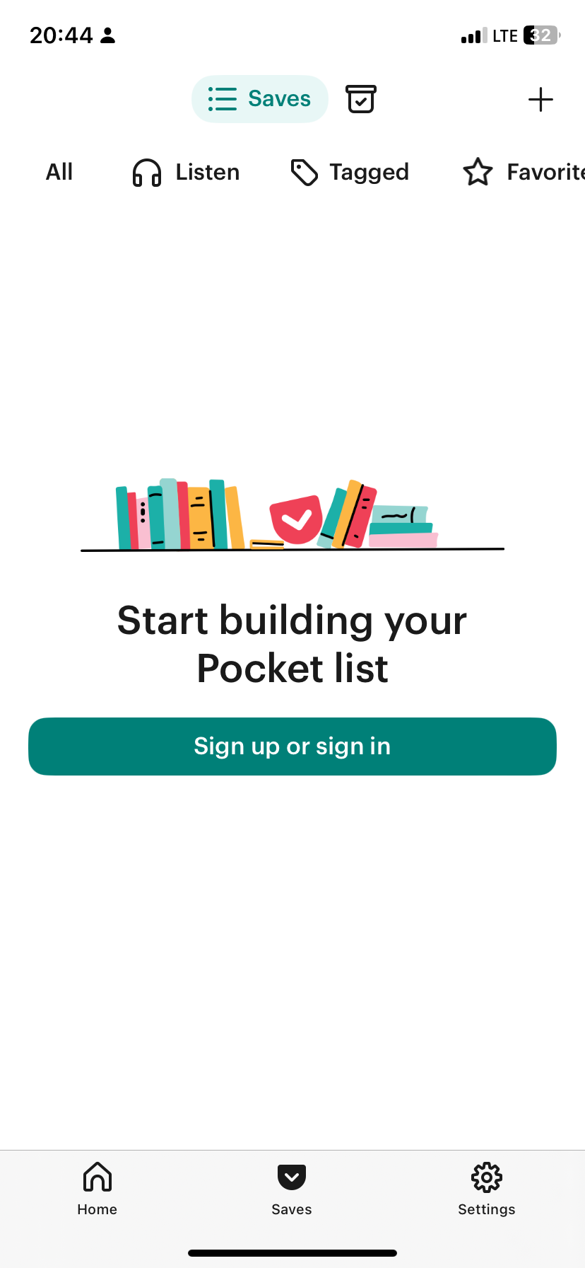 The Pocket app's starting page, which asks a user to sign up or sign in to build a list of reading