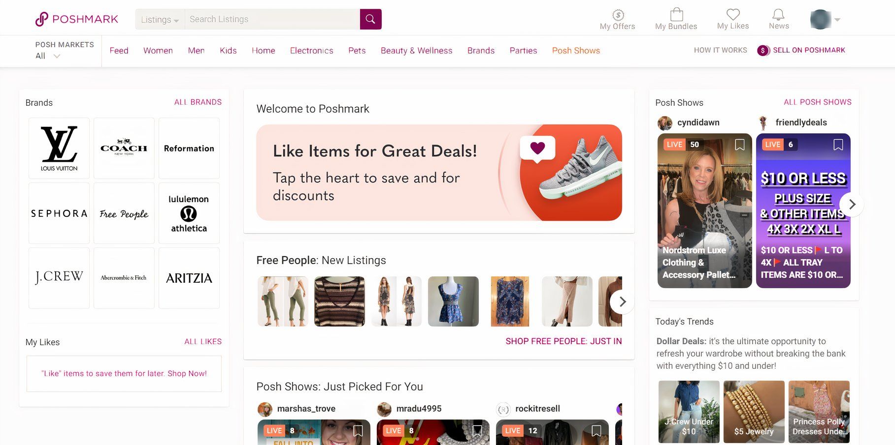 The home page of Poshmark that contains navigations and listings.