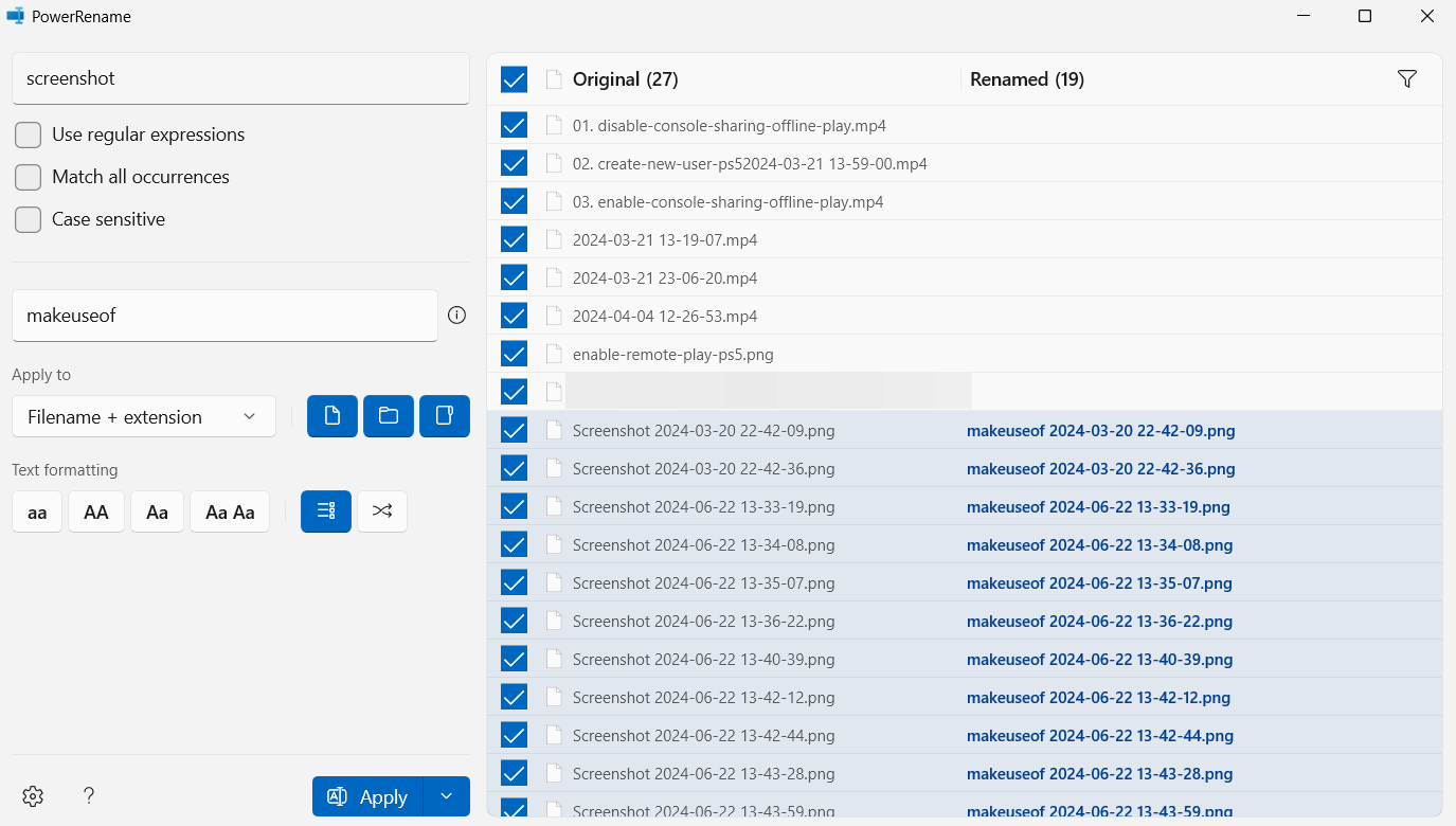 Renaming multiple files using PowerToys Rename on Windows.