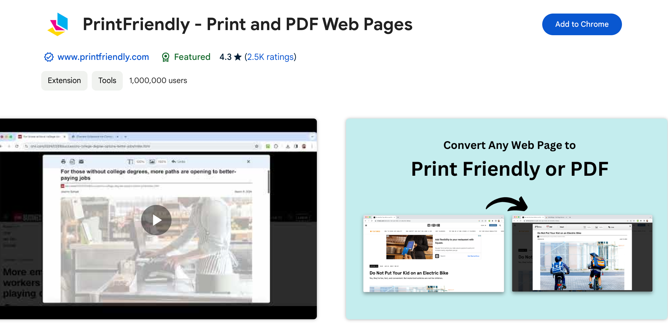 The PrintFriendly Chrome extension download page