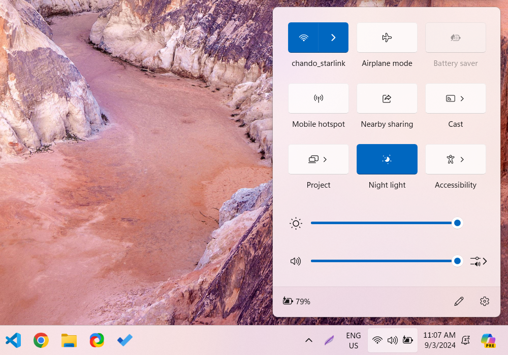 Windows 11 Quick Settings panel