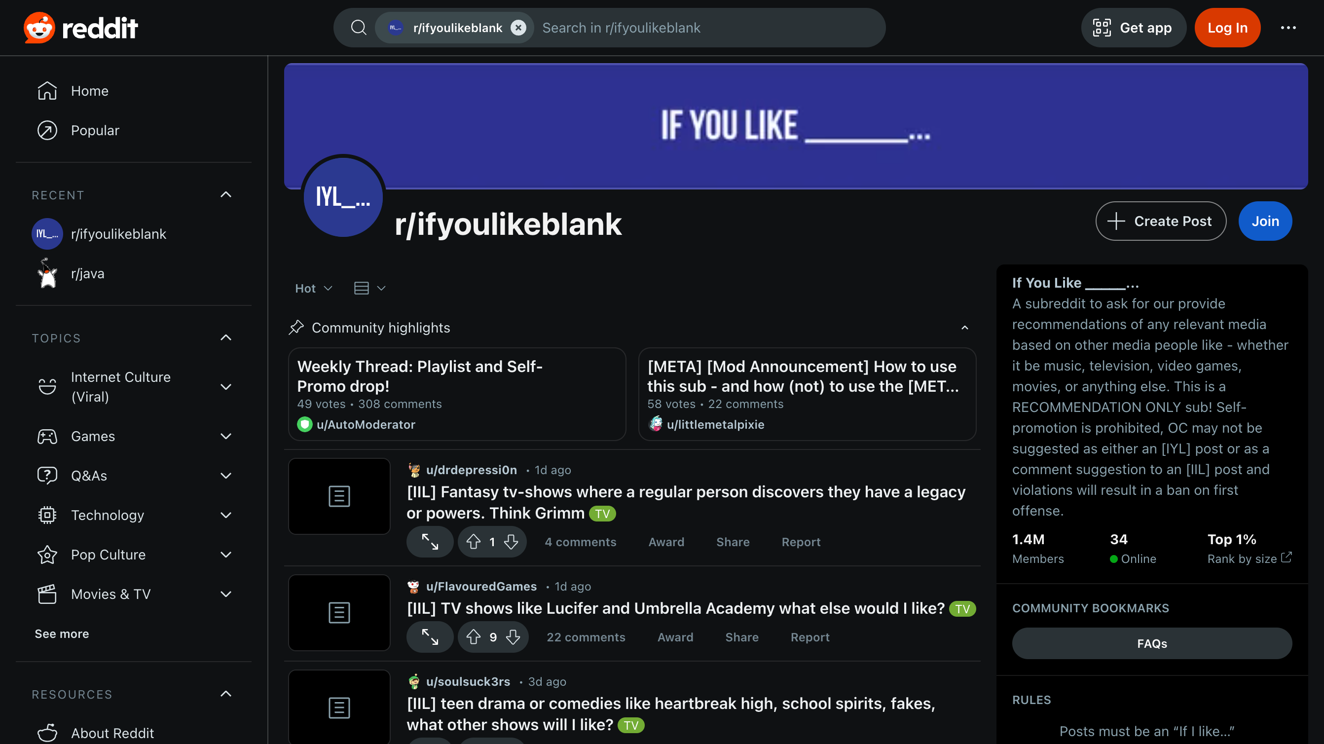 r/ifyoulikeblank subreddit home page