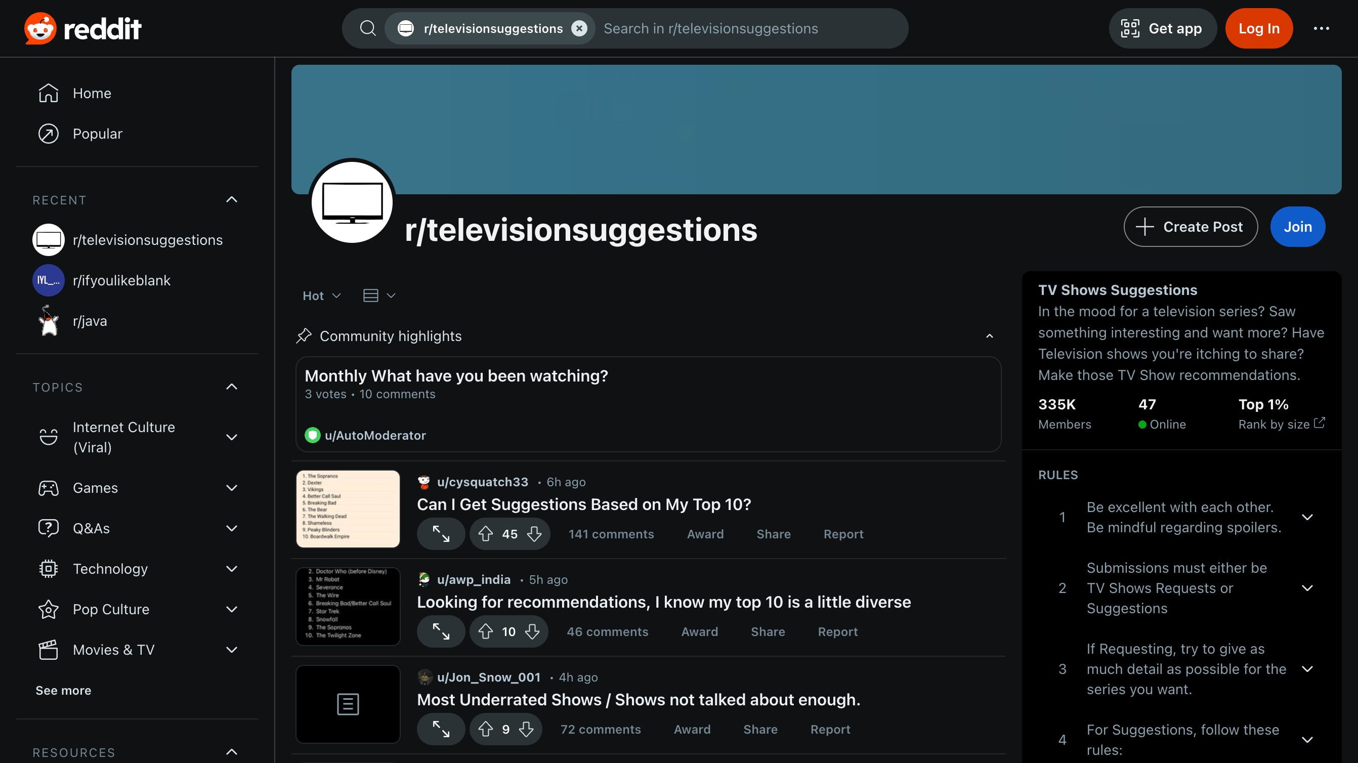 Reddit's r/TelevisionSuggestions subreddit