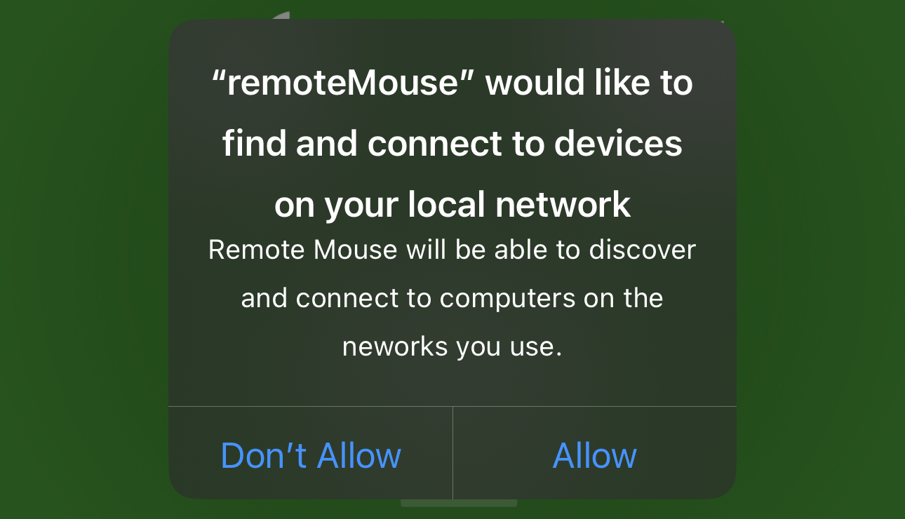 remoteMouse prompt requesting access to connect to devices 