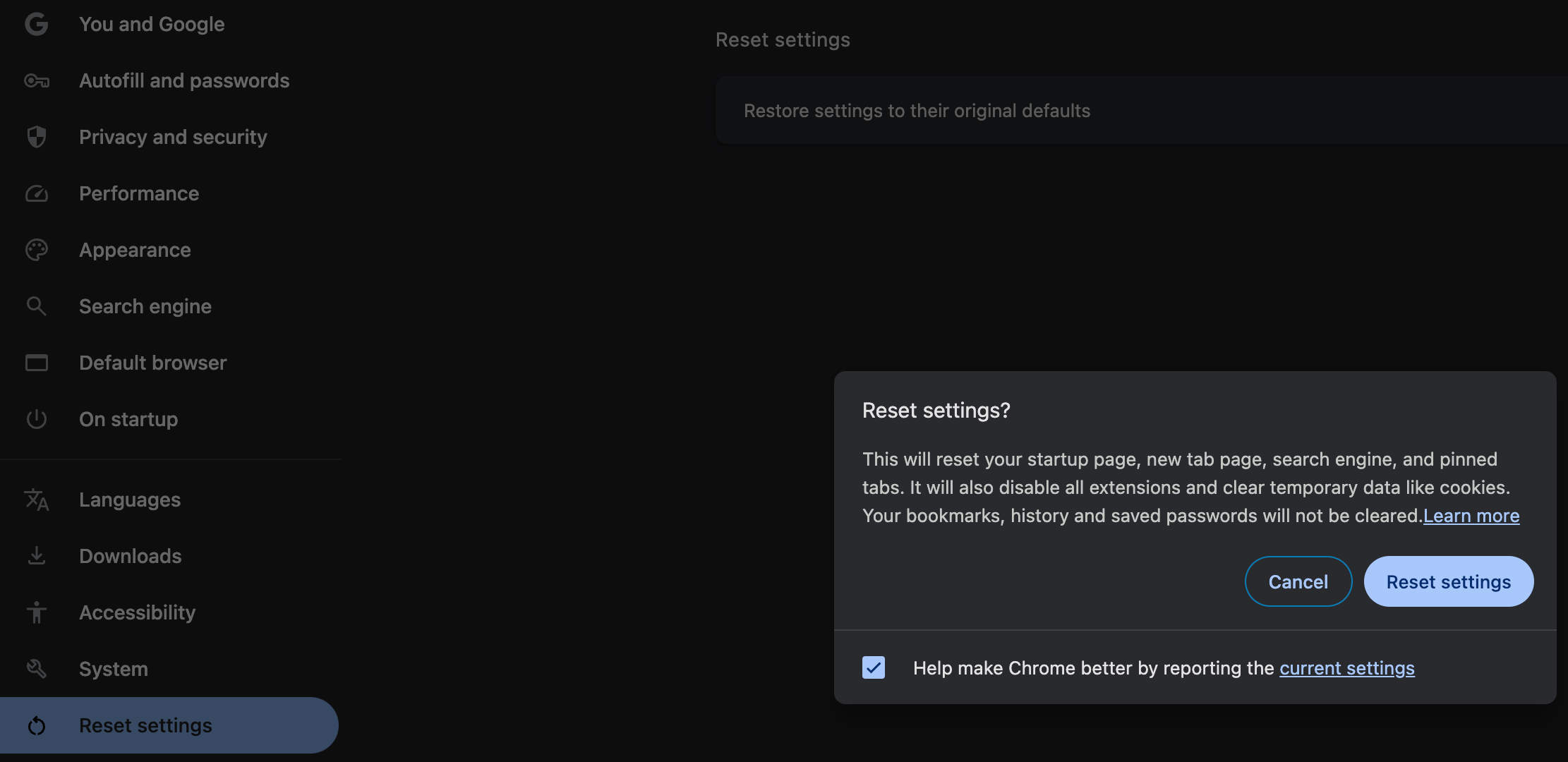 Resetting settings in Chrome.