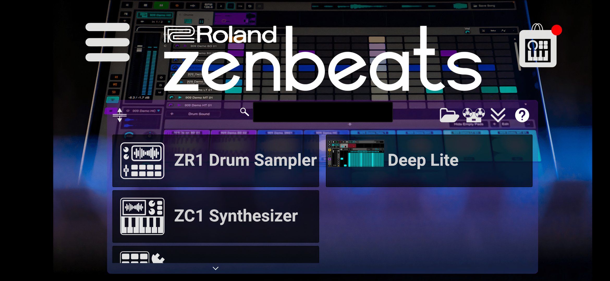 Roland Zenbeats main menu.