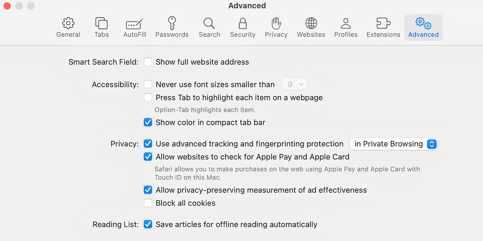 A Safari preference window with an option to save articles for offline reading automatically