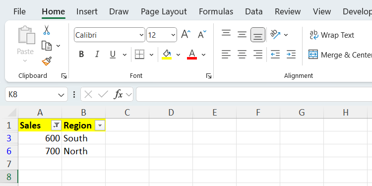 A filtered sales and region data range in Excel.