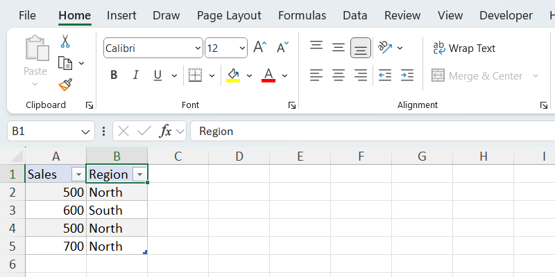 Sales and region table in Excel.