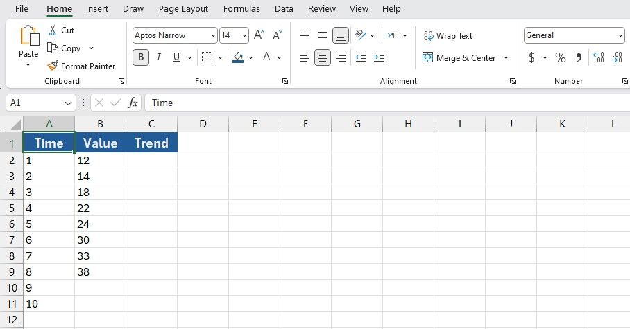 Sample spreadsheet for calculating TREND in Excel