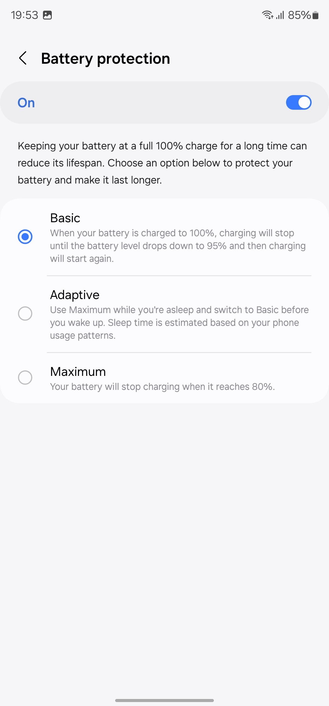 Battery protection options on a Samsung Galaxy phone