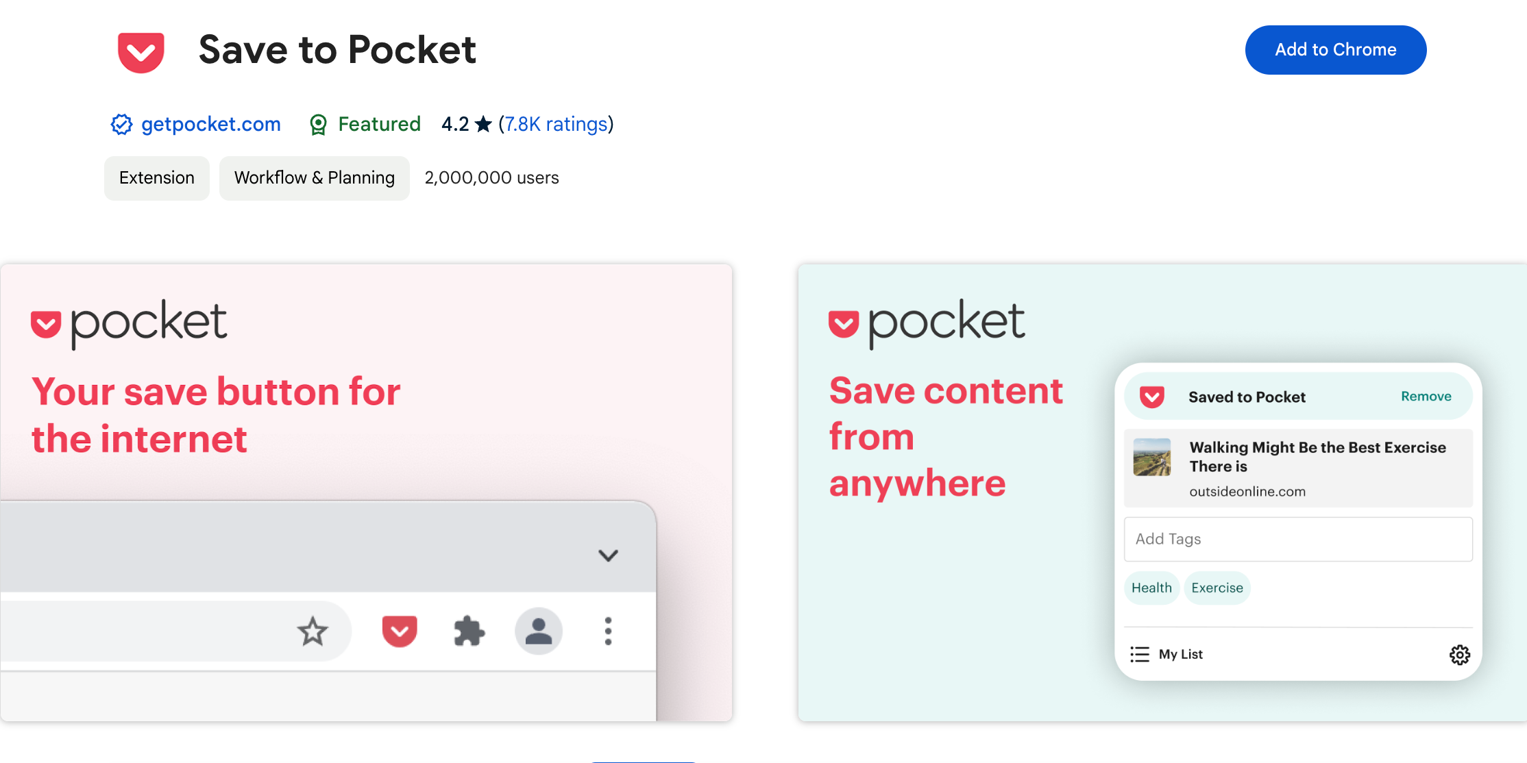 The Save to Pocket Chrome extension download page