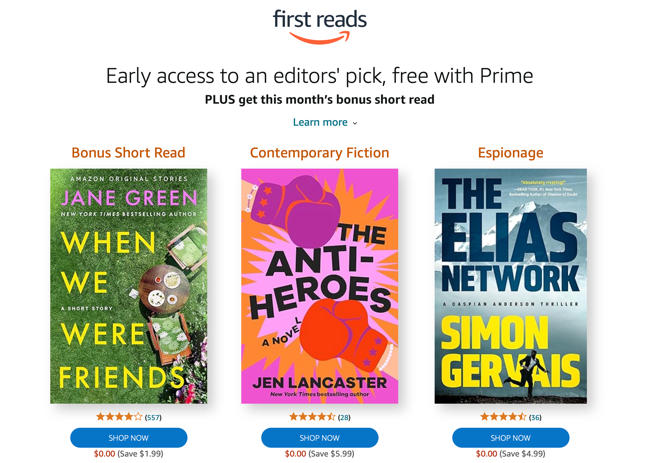 Screenshot of Amazon First Reads September picks featuring Jane Green's When We Were Friends