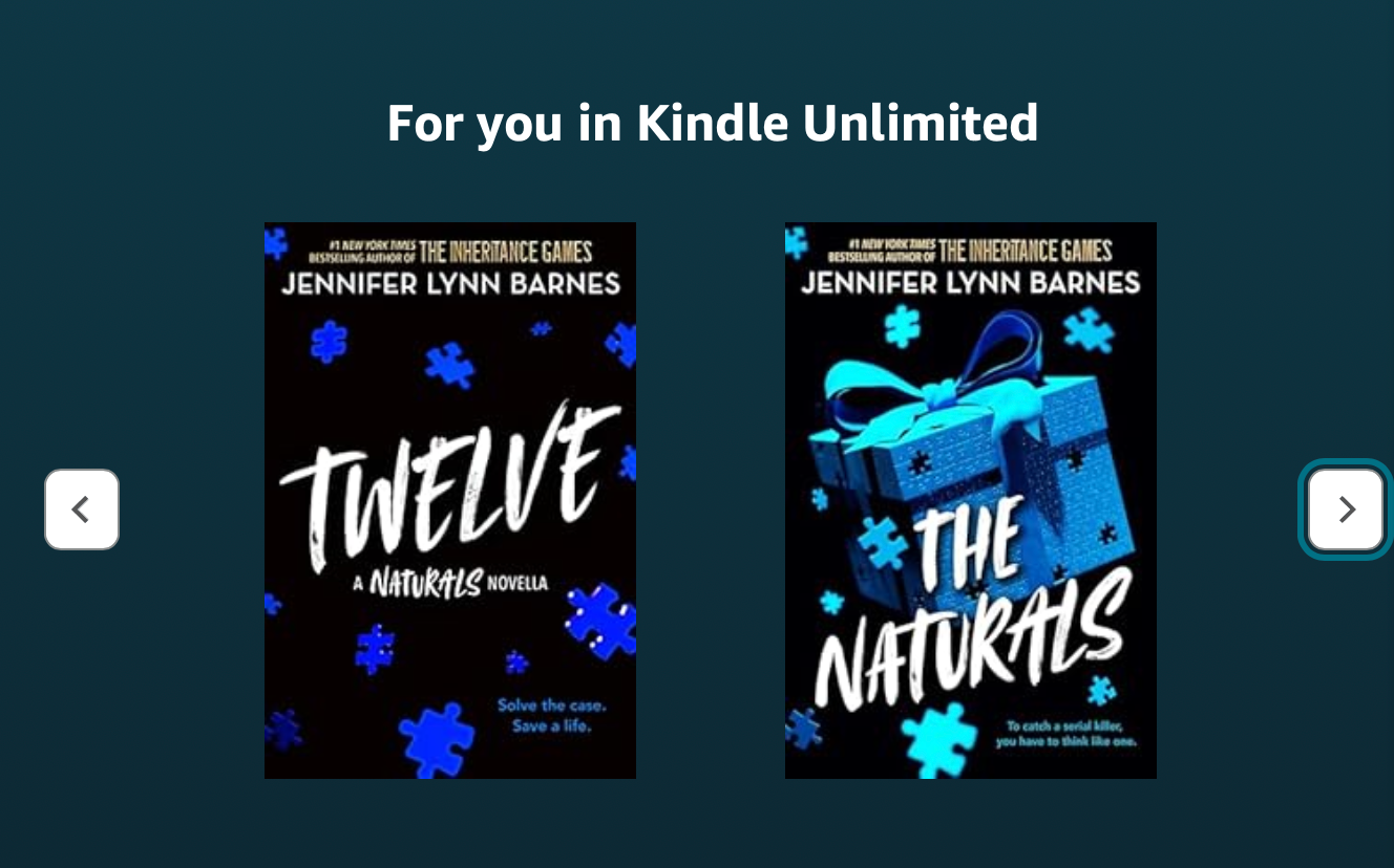 Kindle Unlimited book selection including Jennifer Lynn Barnes' The Naturals series 