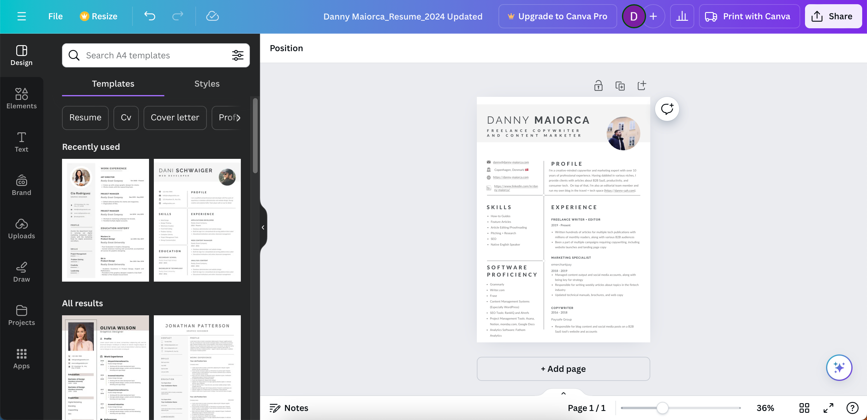 An image of a resume for a technology writer being created in Canva