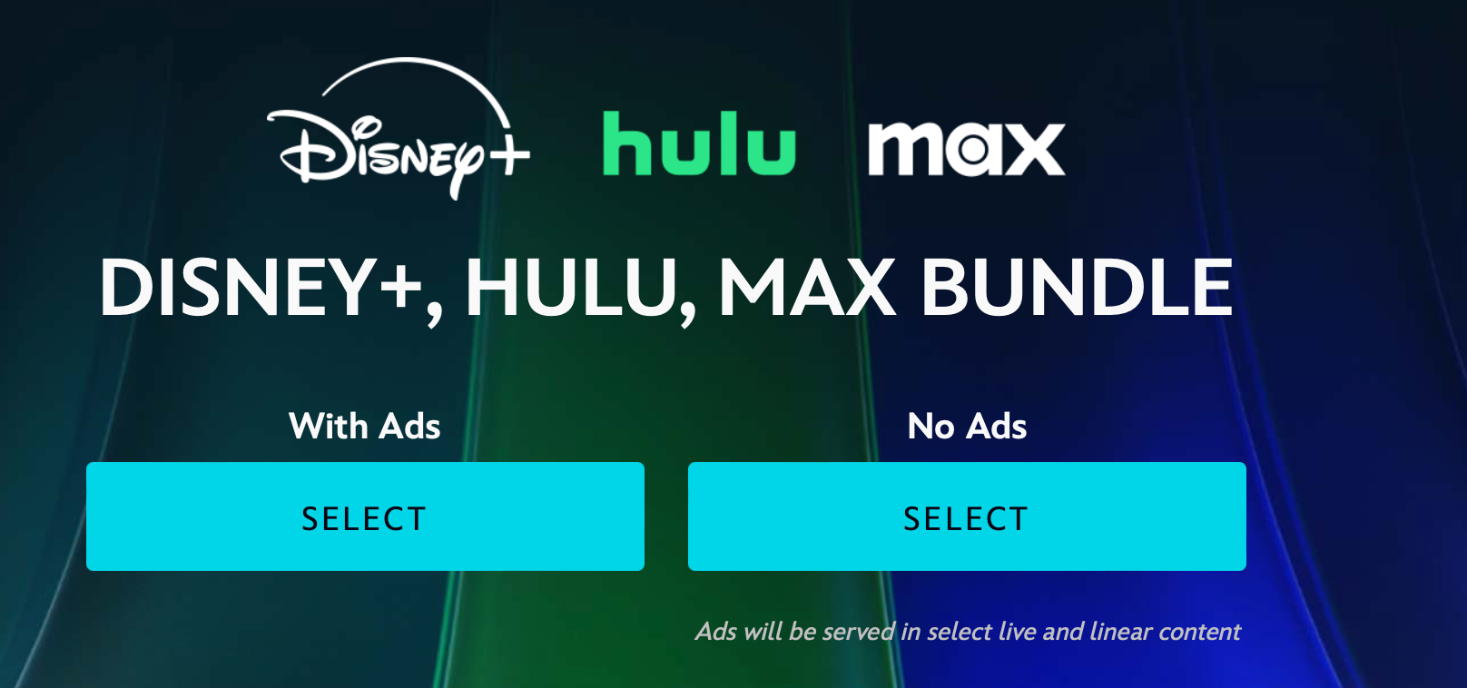 اسکرین شات از گزینه‌های بسته‌های Disney+، Hulu، و Max با یا بدون تبلیغات