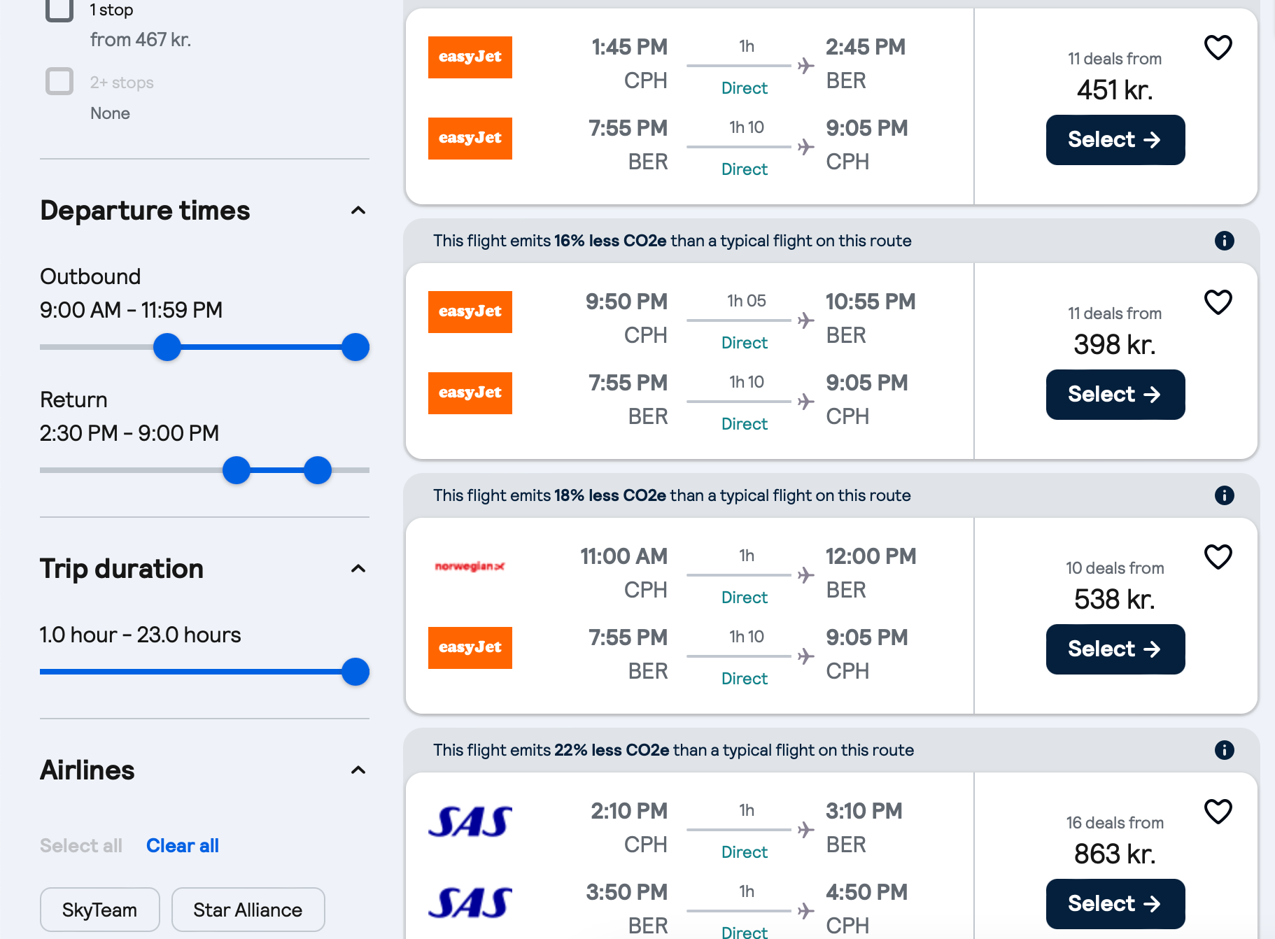 Comparing different flight times in Skyscanner