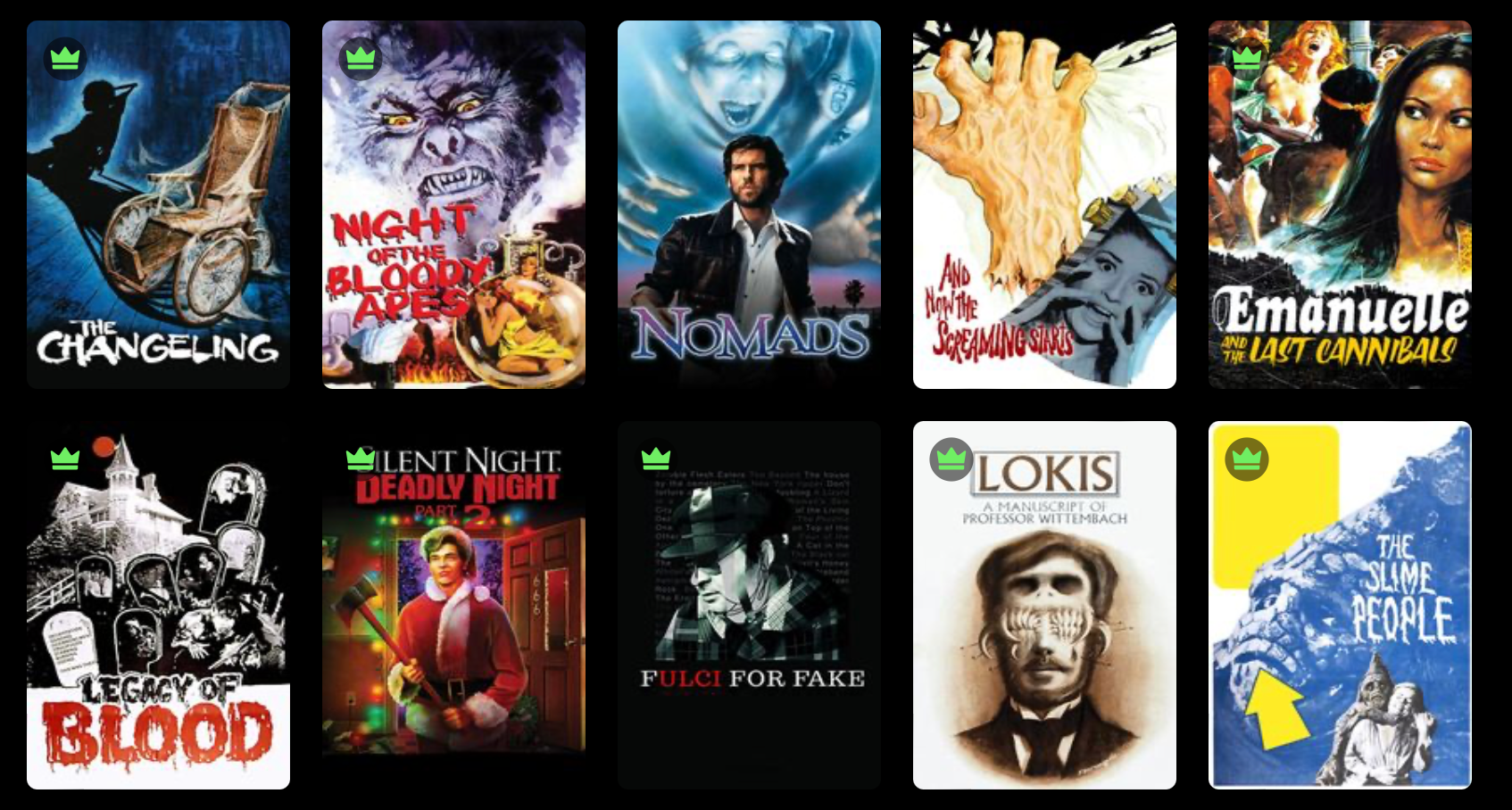 Screenshot of Midnight Pulp horror movies including The Changeling and Nomads 