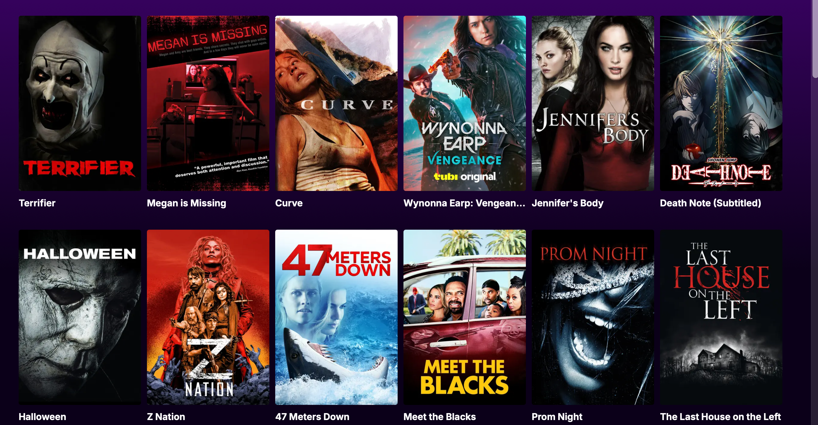 Tubi TV horror movies including Terrifier, Halloween (2018), and Jennifer's Body