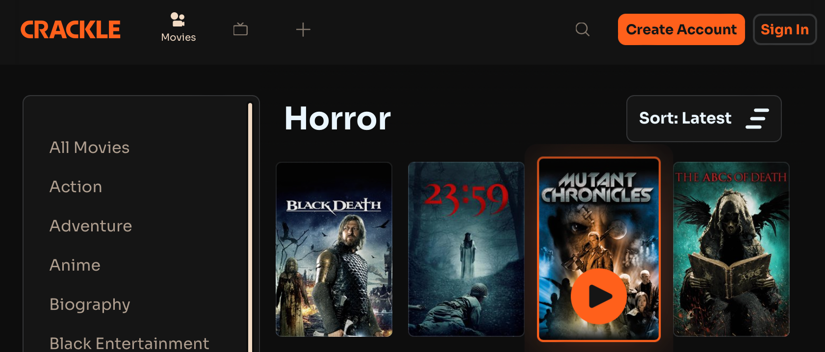 Crackle horror movies including 23:59 and Mutant Chronicles 