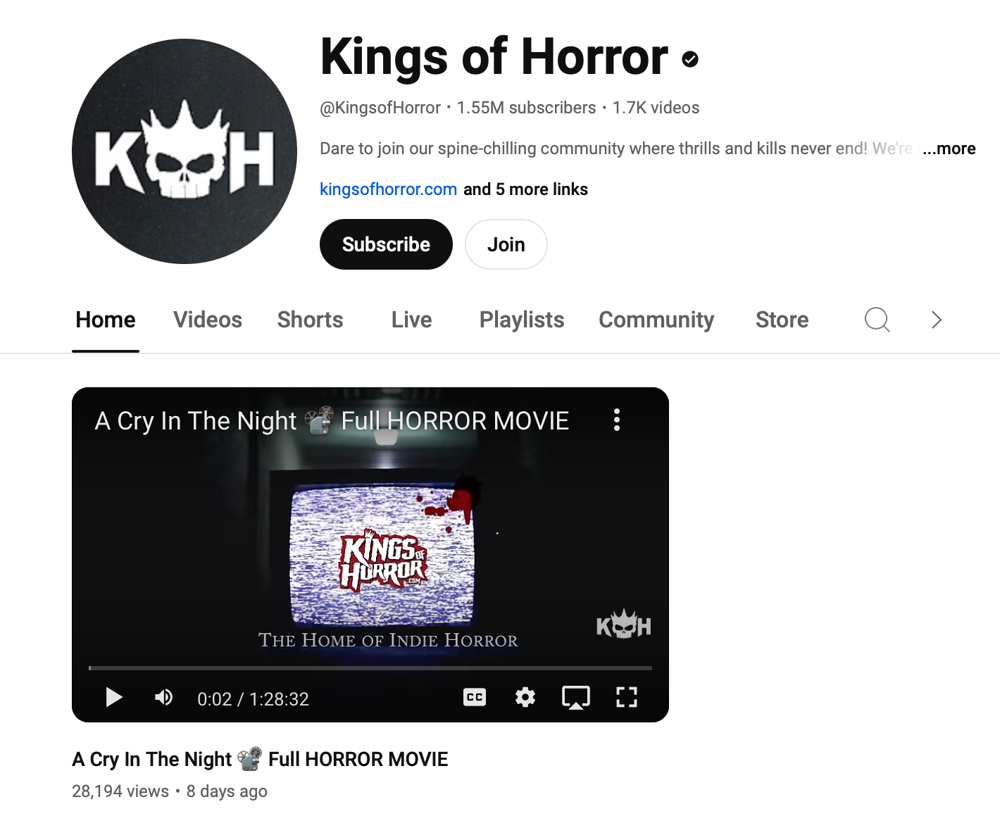 Screenshot of Kings of Horror Youtube channel with A Cry In The Night full horror movie