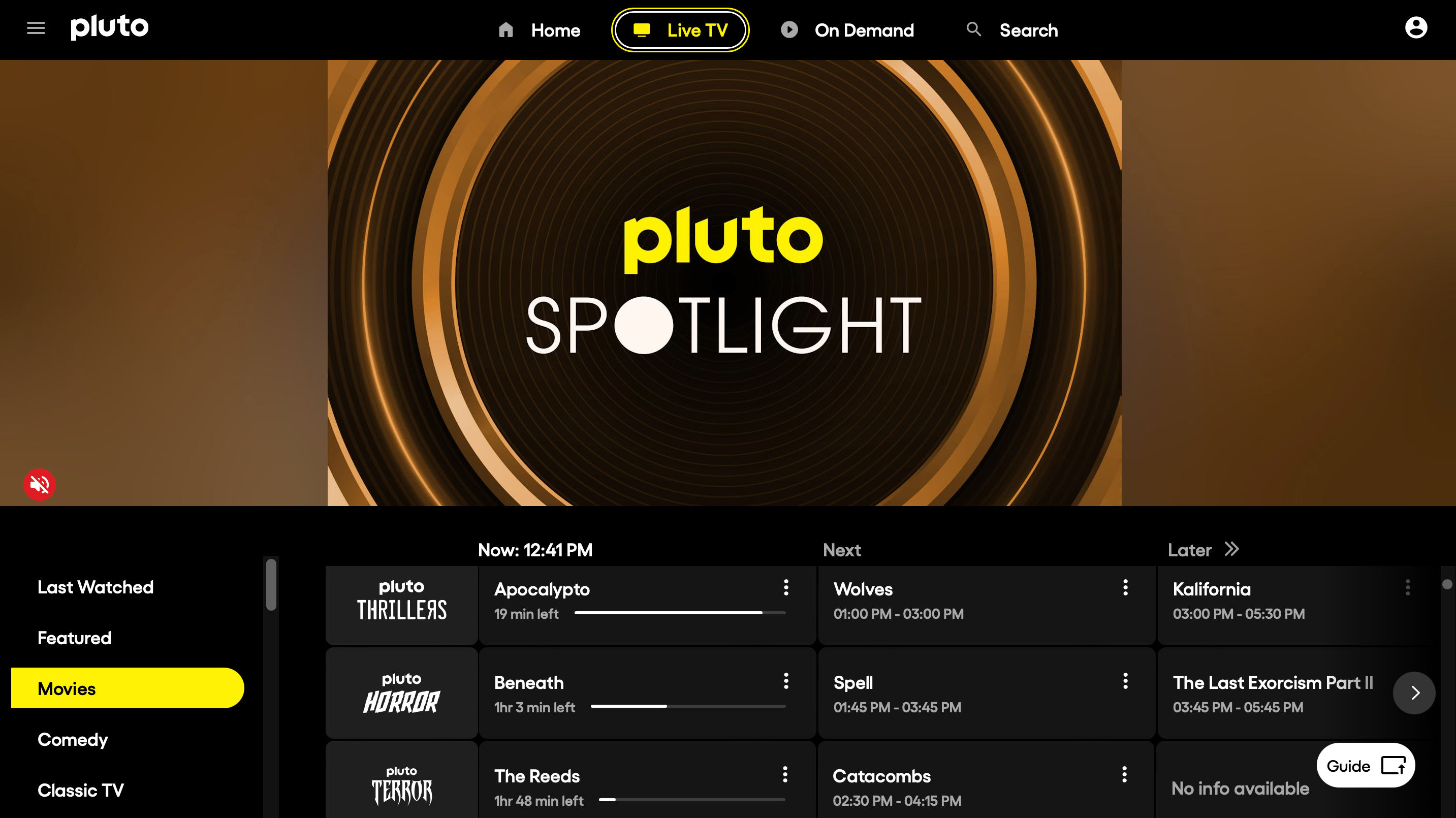 Screenshot of Pluto TV with live TV channels including Pluto Thrilles, Pluto Horror, and Pluto Terror