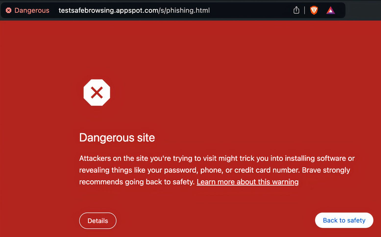 A warning from Google Safe Search that a site might be dangerous. 