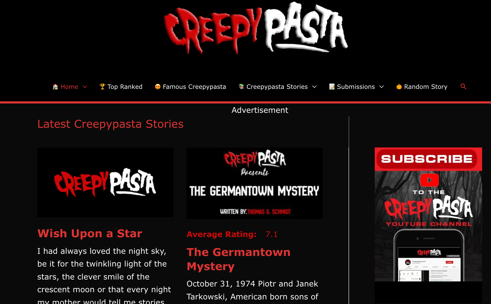 Creepypasta's homepage displaying a couple of stories