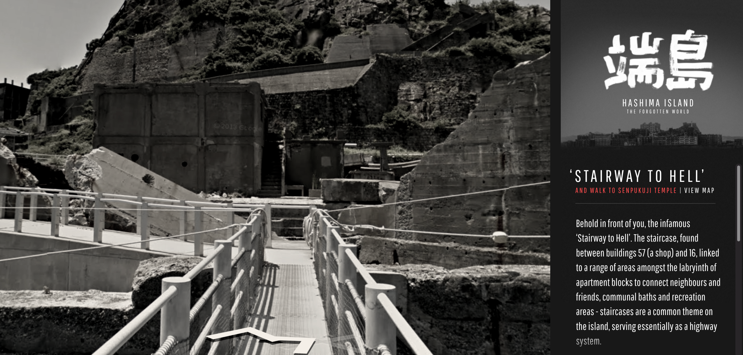 The 'Stairway to Hell' location on Hashima Island with a write-up about its history on the right