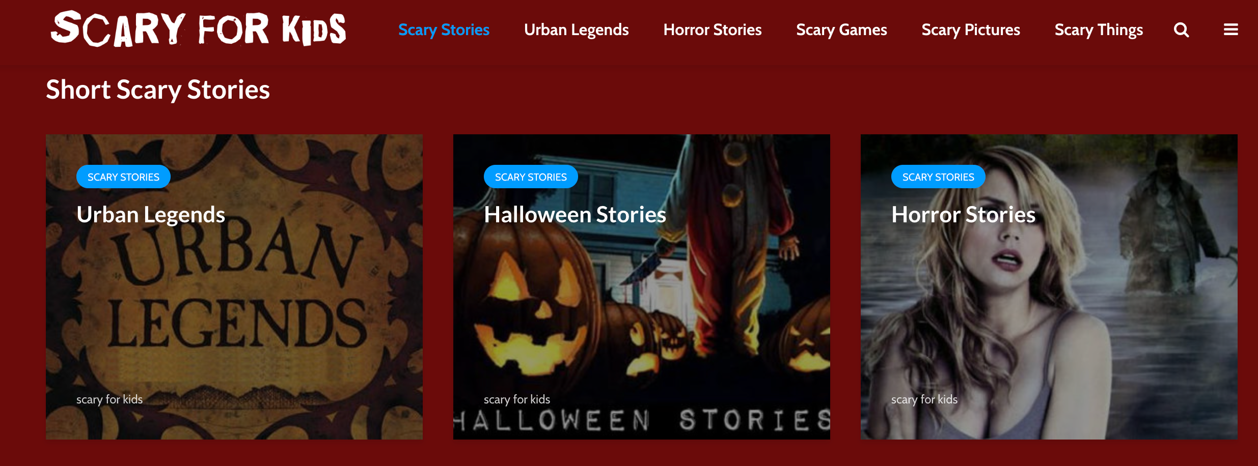 The Scary for Kids website featuring urban legends, Halloween stories, and other horror stories