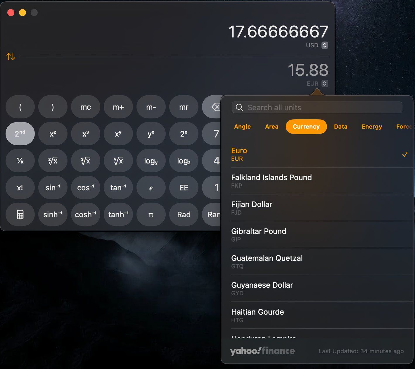 Calculator app doing conversions in macOS Sequoia